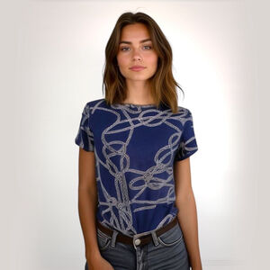Dex Short Sleeve Patterned Top Navy Blue Womens Small Twist Tie Front